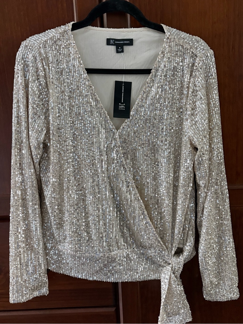 INC International Concepts Champagne Sequin Wrap Blouse
